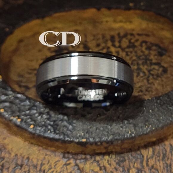 Engraved Men's Real Black and silver Tungsten Wedding Ring Black and Silver Band - Picture 11 of 12